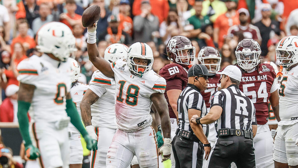 Miami Hurricanes defensive lineman Armondo Blount (18) reacts after recovering a fumble by Texas A&M Aggies quarterback Marcel Reed (10) in the first half of the first round of the 2025 College Football Playoff at Kyle Field at College Station, Texas, on Saturday, December 20, 2025.